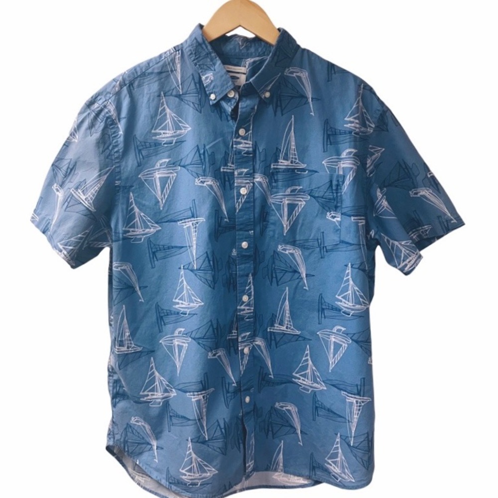 Nautical Coastal Marine Old Navy Sail Boat Button Down Shirt XL Slim Fit Blue